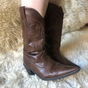 Brown Mid-Calf Pointed Toe Cowboy Boots